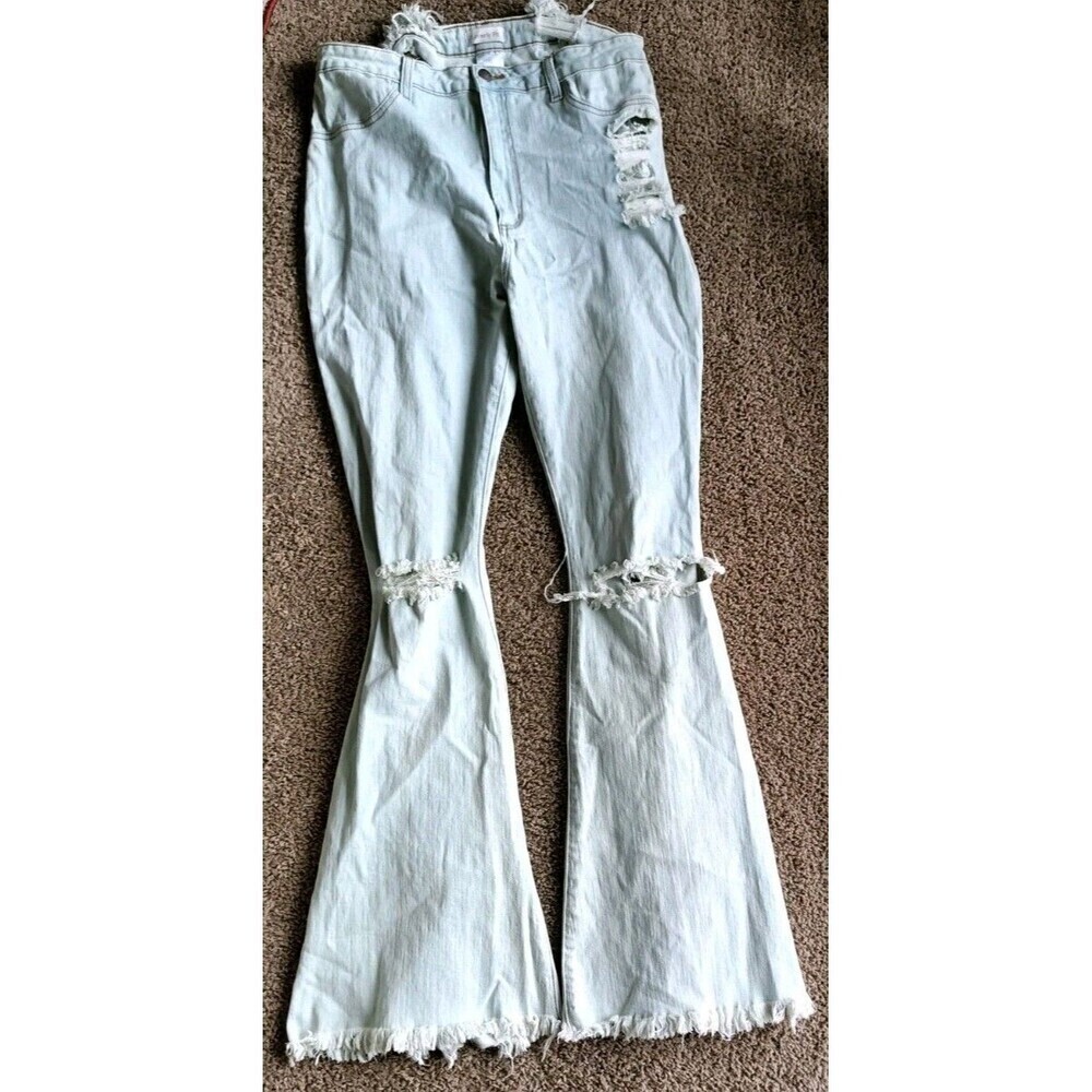 Loverly Fit Light Wash Distressed Flared Jeans Size 1X Back Destroyed Stretch